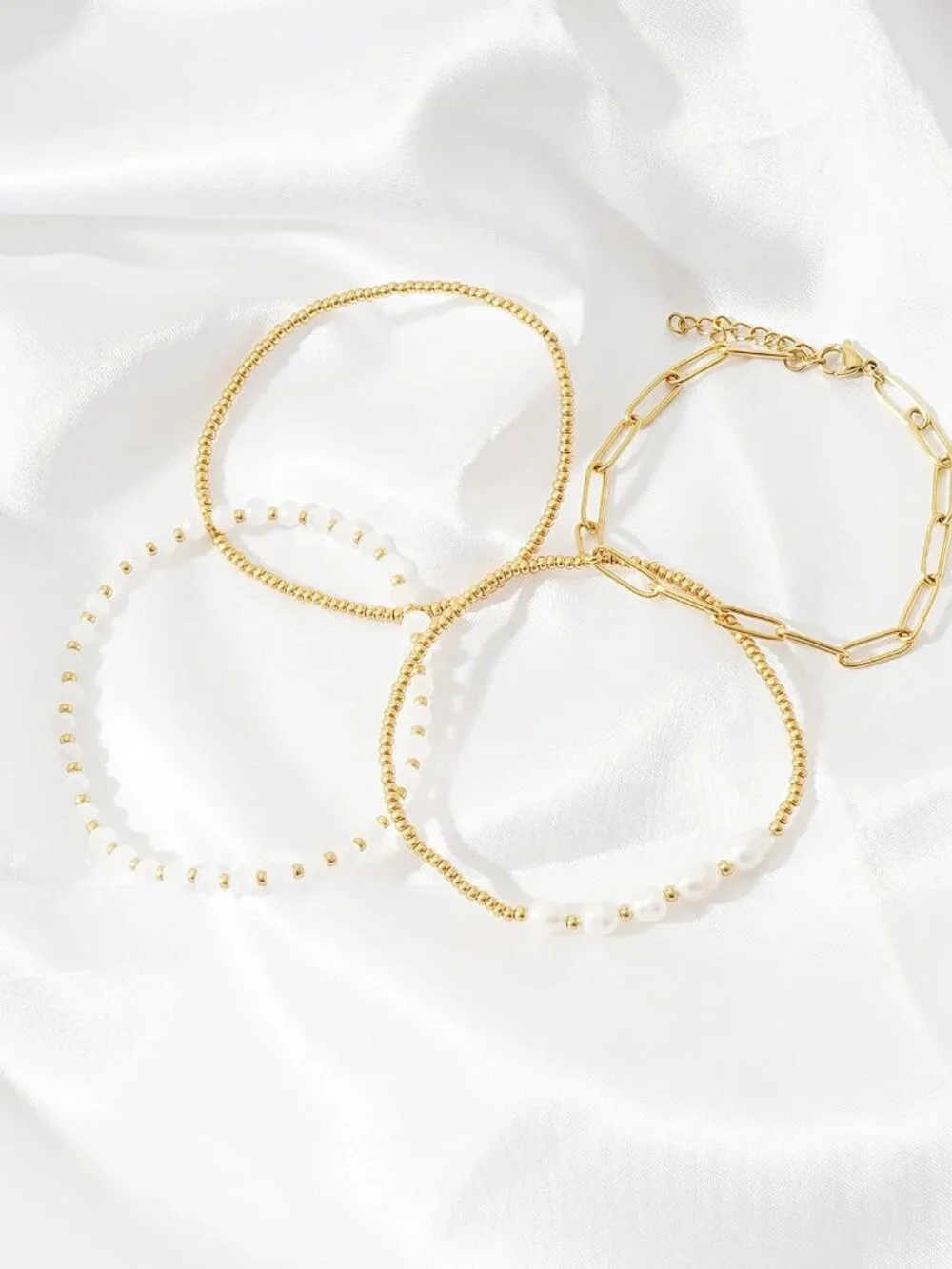 Dainty Gold Plated Pearl Crystal Beaded Bracelets Set for Women 14K Gold Plated - Picture 3 of 7